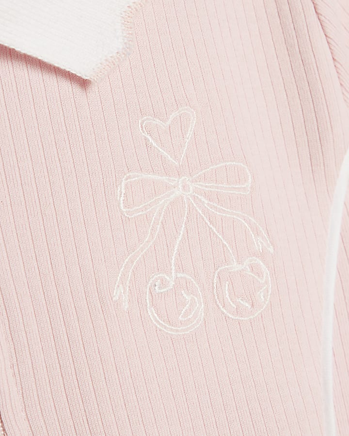Girls Pink Ribbed Zip Cherry Bow Polo Dress