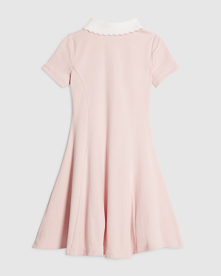 Girls Pink Ribbed Zip Cherry Bow Polo Dress