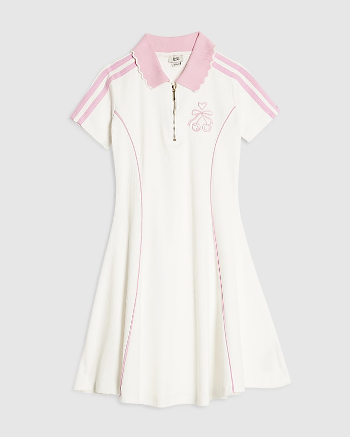 Girls Cream Ribbed Zip Cherry Bow Polo Dress