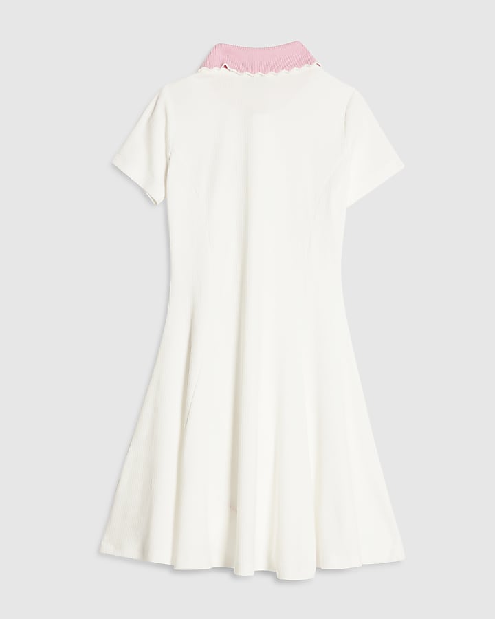 Girls Cream Ribbed Zip Cherry Bow Polo Dress