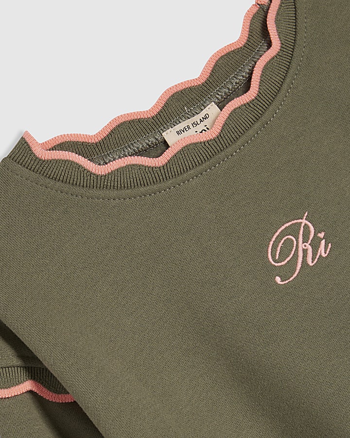 Mini Girls Khaki Scallop Edge Sweatshirt