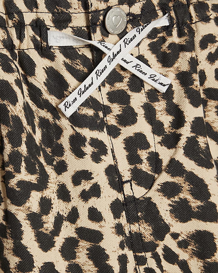 Girls Beige Leopard Print Wide Leg Jeans