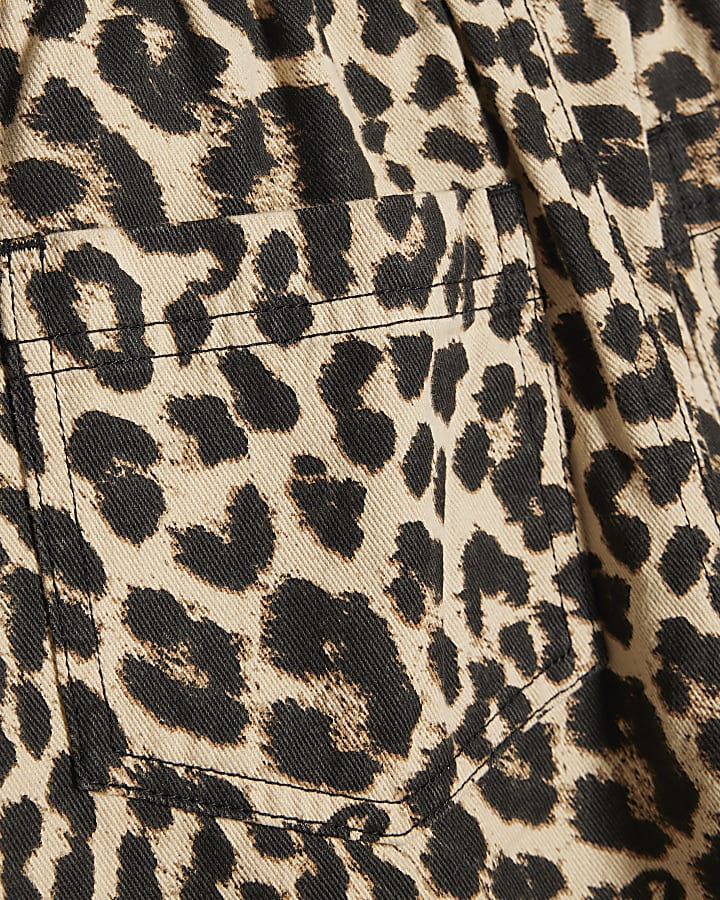 Girls Beige Leopard Print Wide Leg Jeans