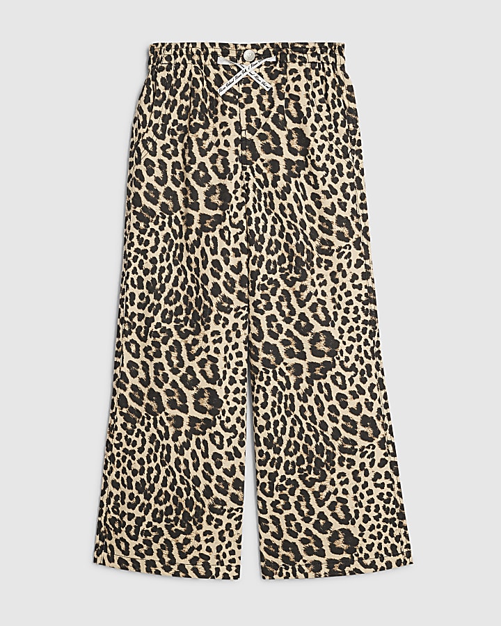 Girls Beige Leopard Print Wide Leg Jeans