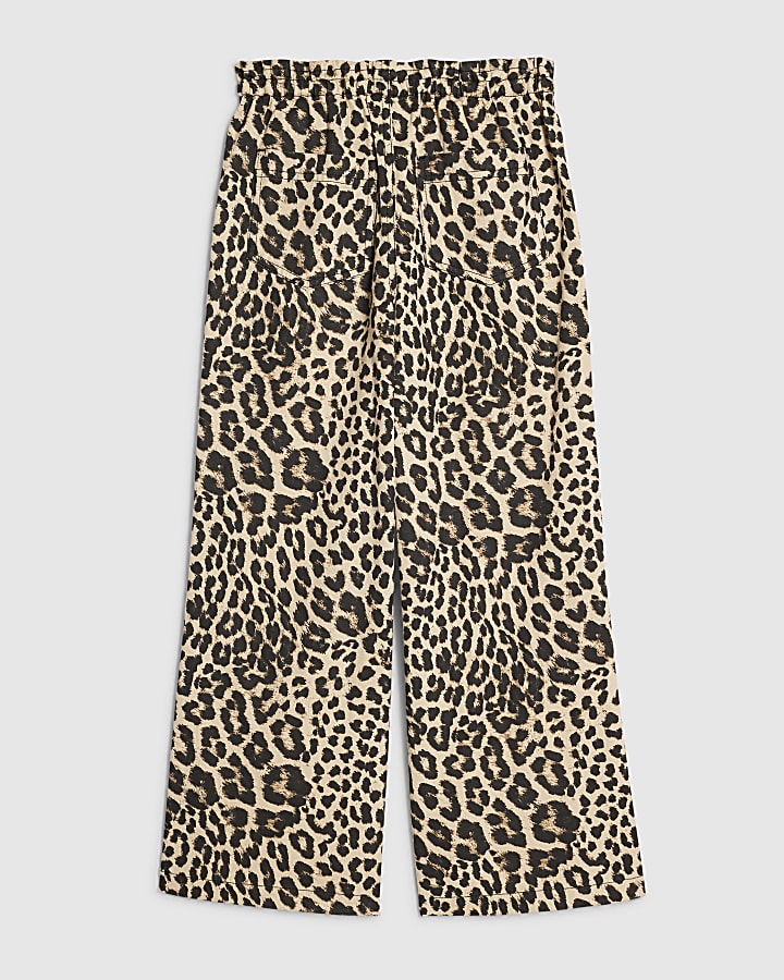 Girls Beige Leopard Print Wide Leg Jeans