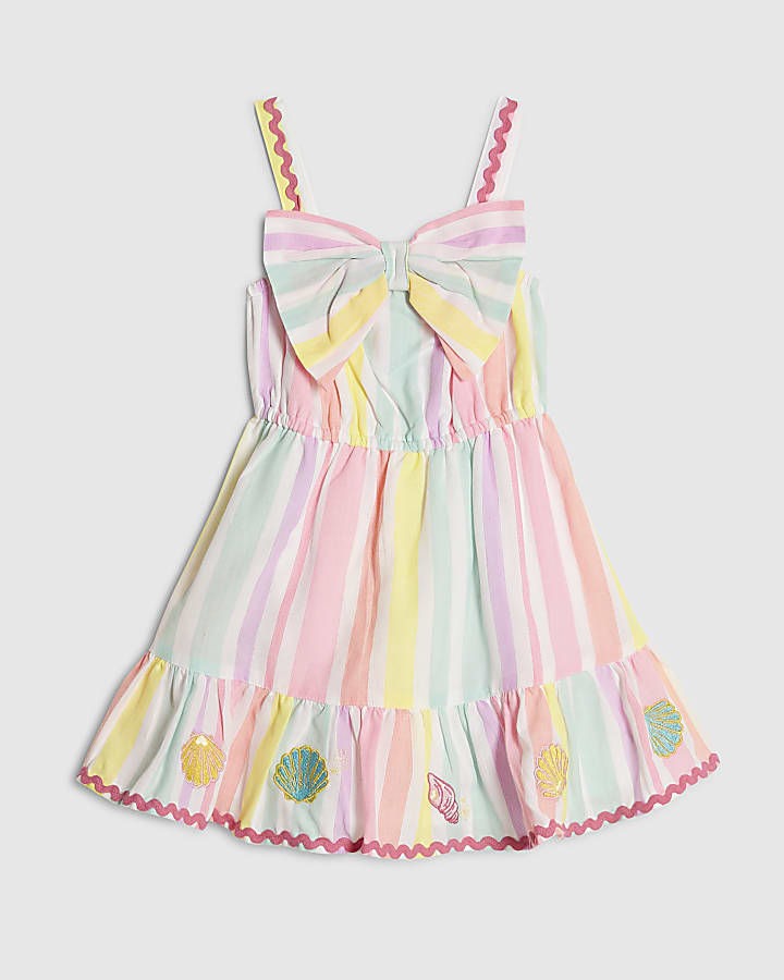 Mini Girls Multi Colour Stripe Bow Dress