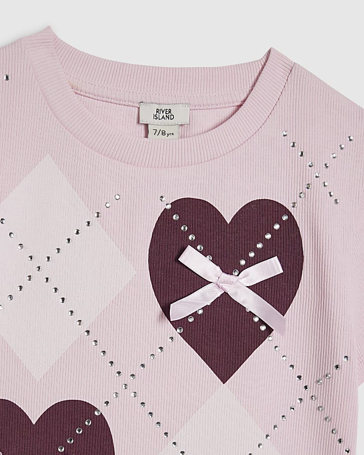 Girls Pink Embellished Heart Argyle T-Shirt
