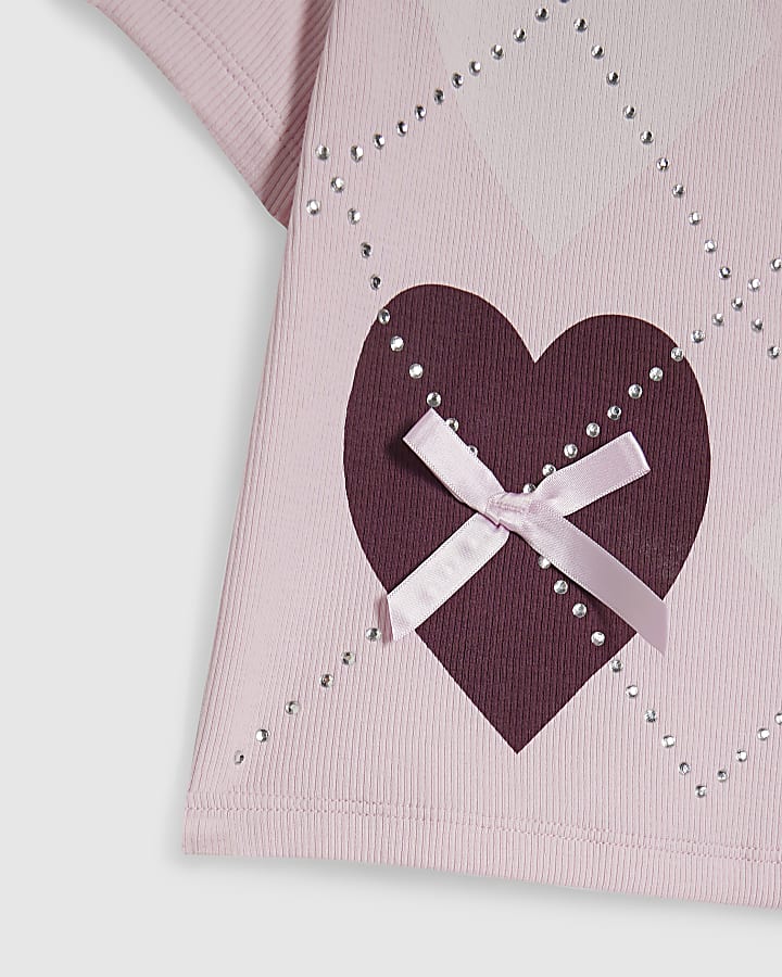 Girls Pink Embellished Heart Argyle T-Shirt