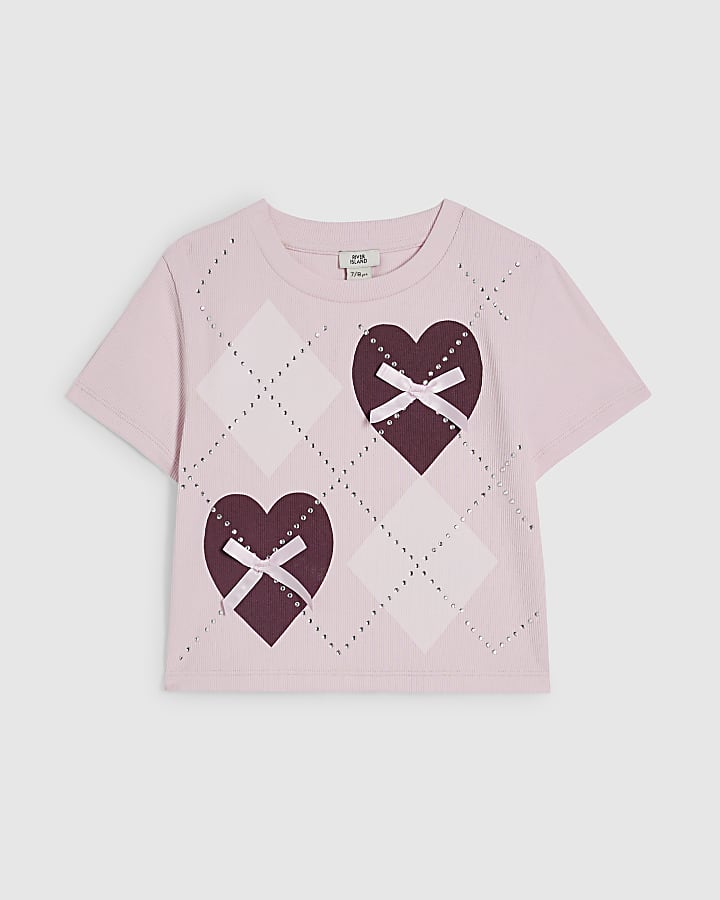 Girls Pink Embellished Heart Argyle T-Shirt