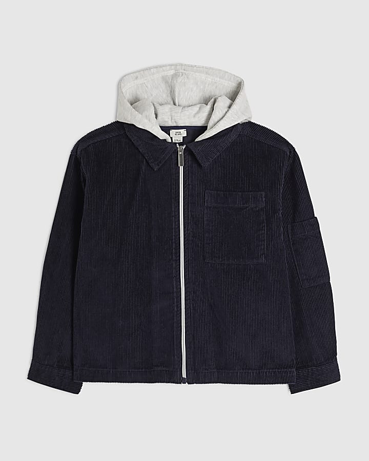 Boys Navy Corduroy Hooded Overshirt