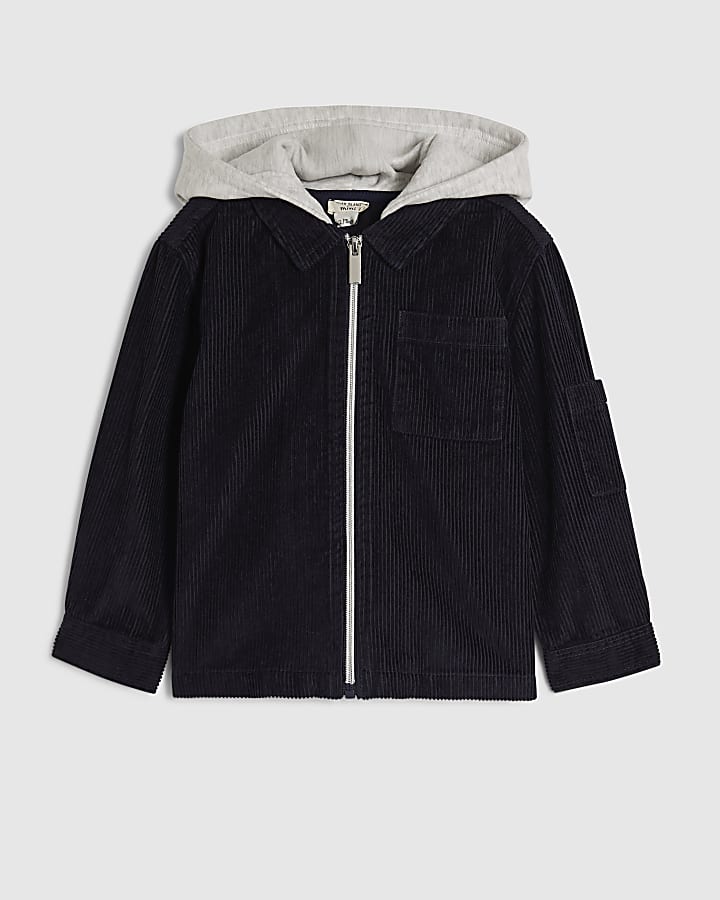 Mini Boys Navy Corduroy Hooded Overshirt