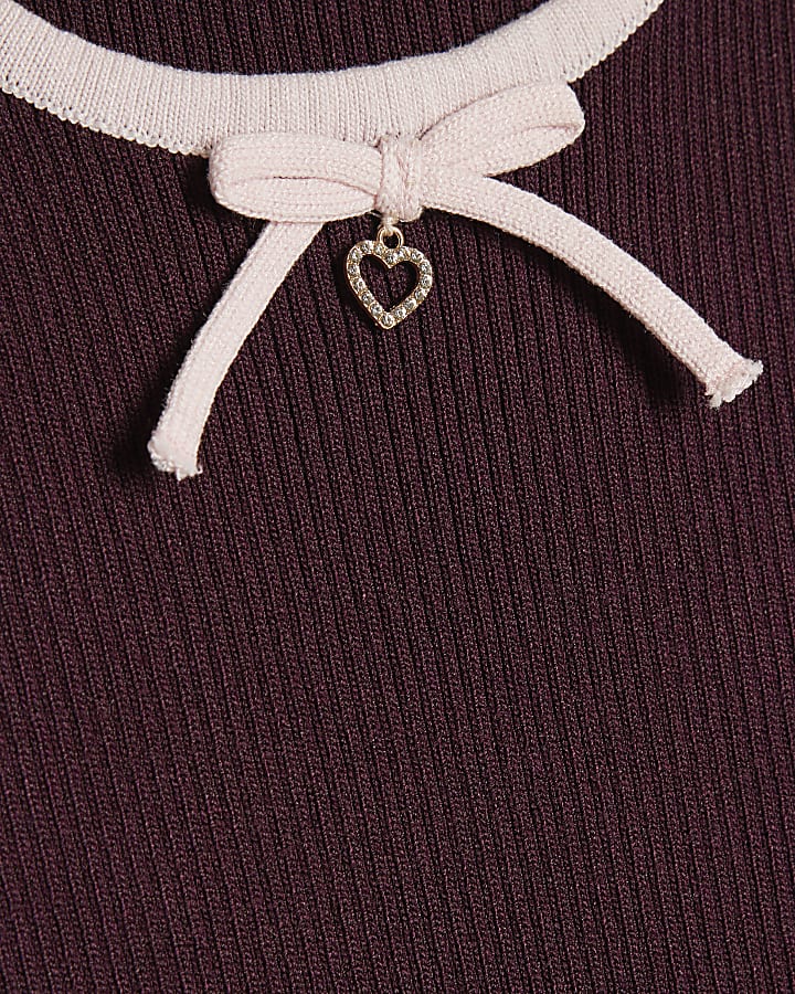 Girls Purple Cut Out Shoulder Bow Top
