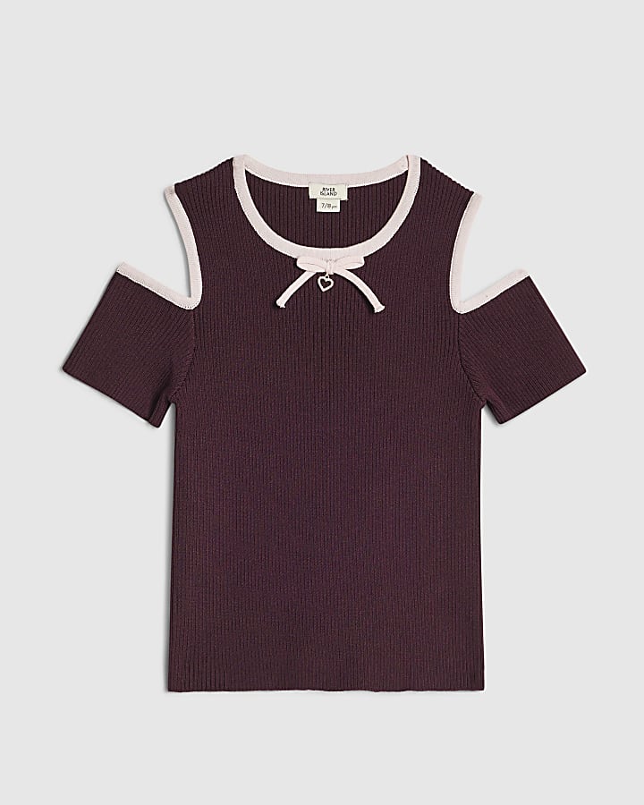Girls Purple Cut Out Shoulder Bow Top