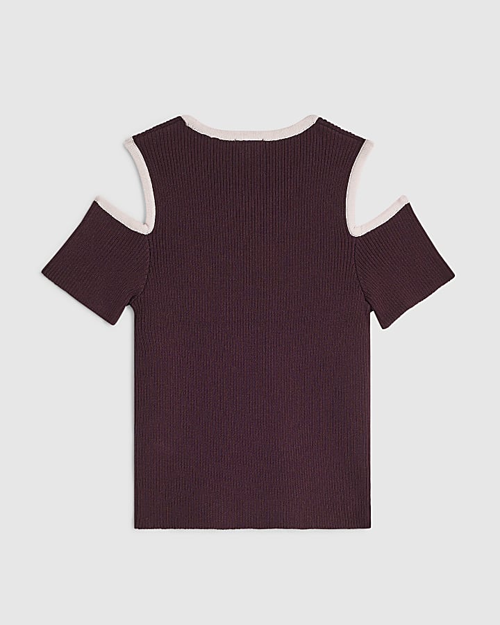 Girls Purple Cut Out Shoulder Bow Top