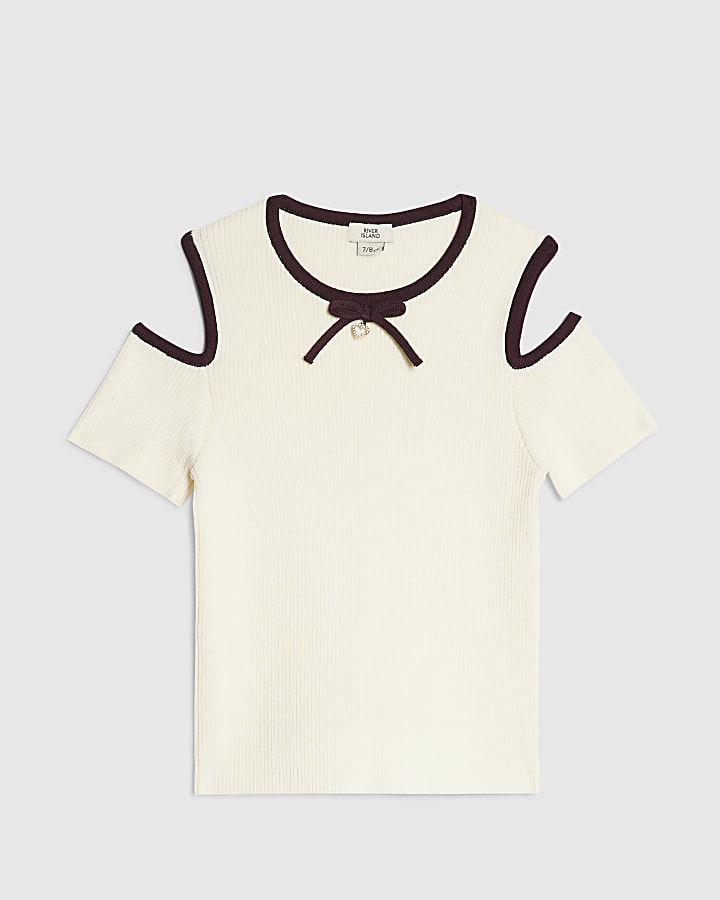Girls Cream Cut Out Shoulder Bow Top