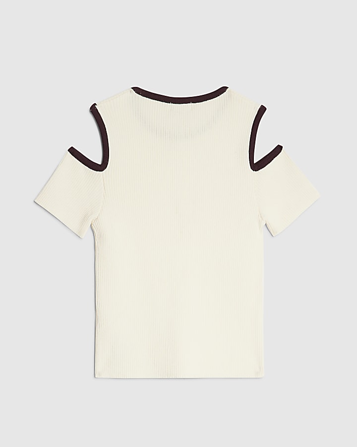 Girls Cream Cut Out Shoulder Bow Top