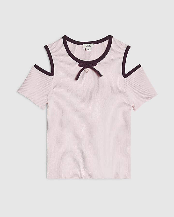 Girls Pink Cut Out Shoulder Bow Top