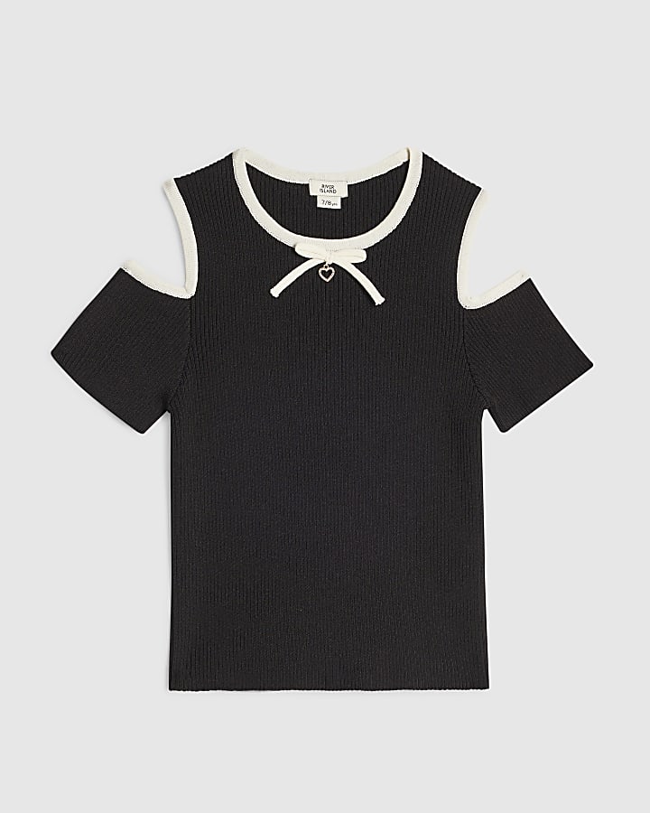 Girls Black Cut Out Shoulder Bow Top