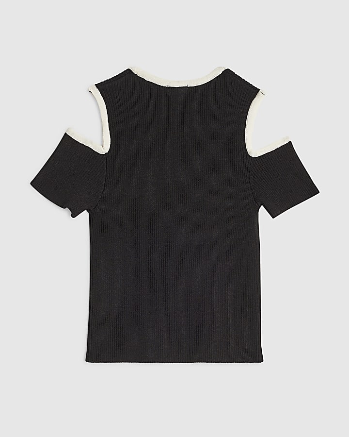 Girls Black Cut Out Shoulder Bow Top