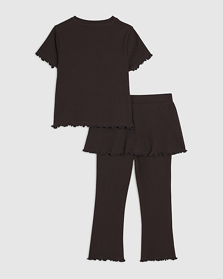 Mini Girls Brown Textured Skirt Set
