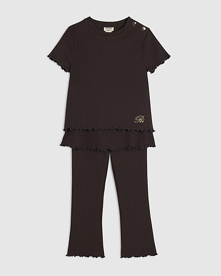 Mini Girls Brown Textured Skirt Set