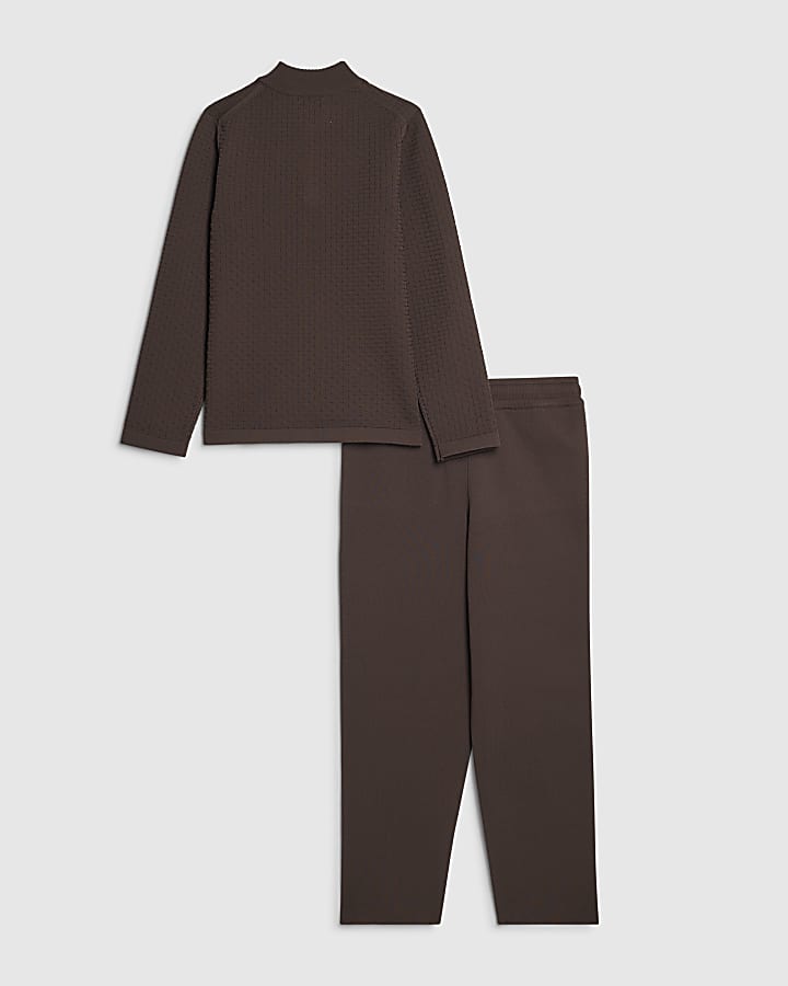 Boys Brown Textured Long Sleeve Top Set