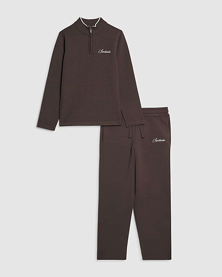 Boys Brown Textured Long Sleeve Top Set