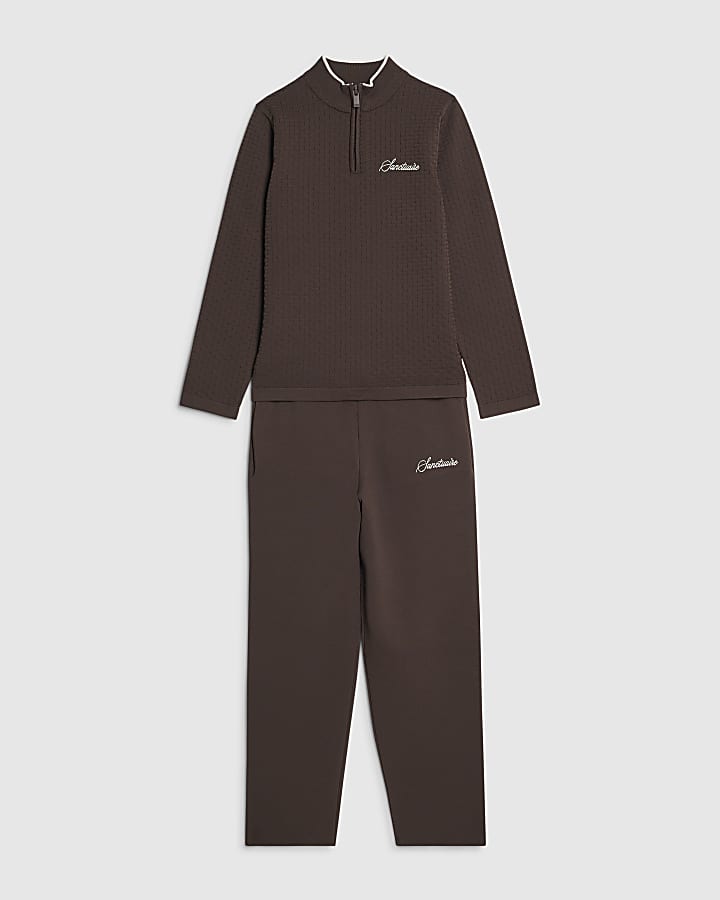 Boys Brown Textured Long Sleeve Top Set