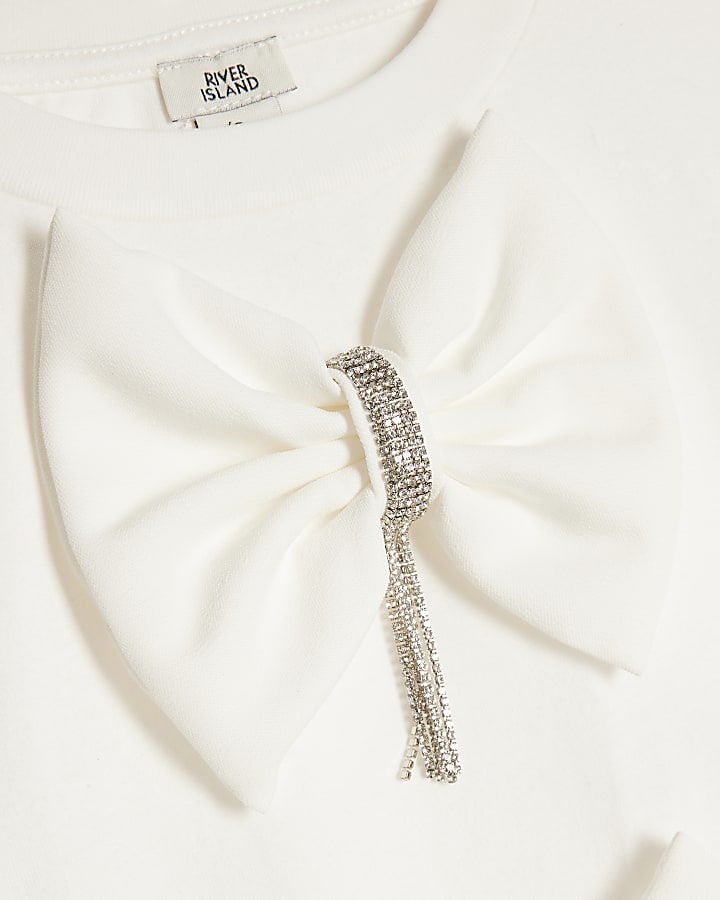 Girls White Bow Trim Cropped T-Shirt Set
