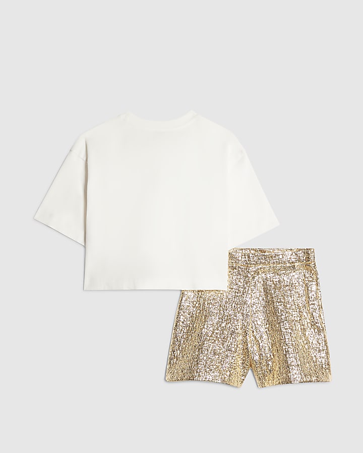 Girls White Bow Trim Cropped T-Shirt Set
