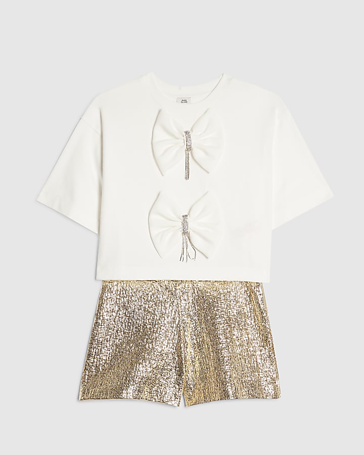 Girls White Bow Trim Cropped T-Shirt Set