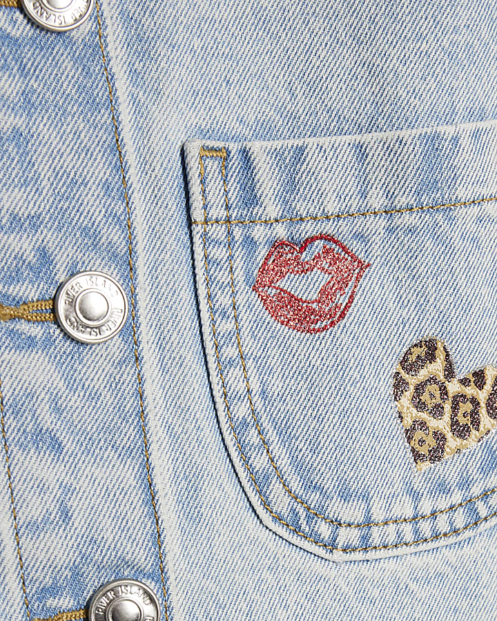 Mini Girls Leopard Print Heart Denim Jacket