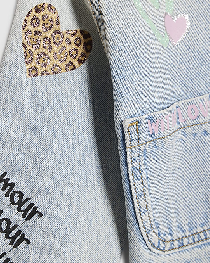 Mini Girls Leopard Print Heart Denim Jacket