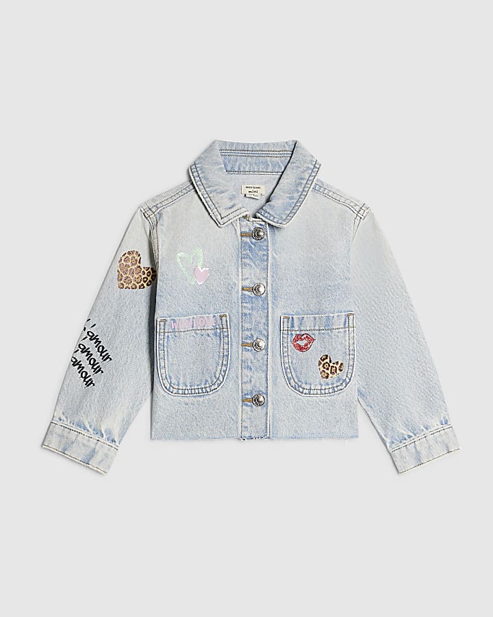 Mini Girls Leopard Print Heart Denim Jacket