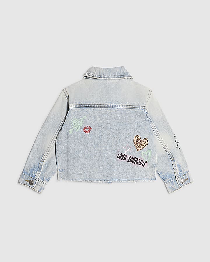 Mini Girls Leopard Print Heart Denim Jacket