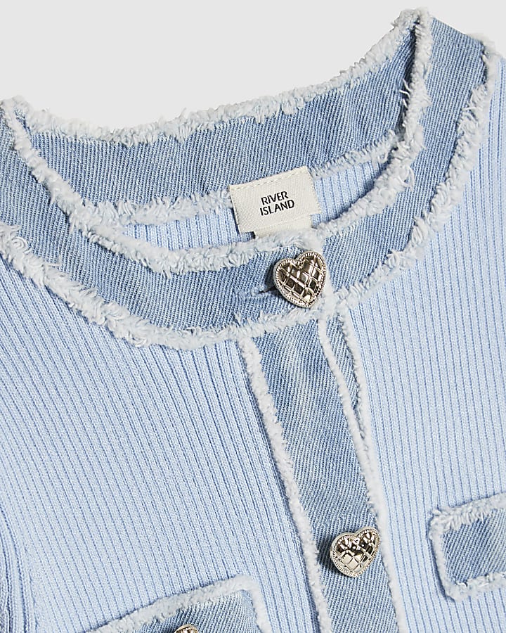 Girls Blue Ribbed Knit Denim Top