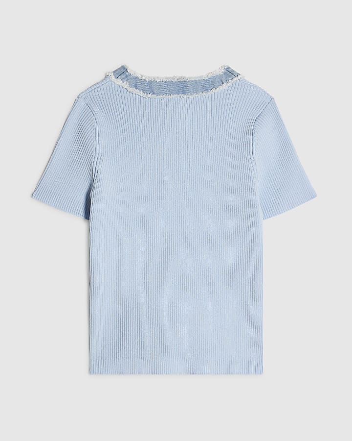 Girls Blue Ribbed Knit Denim Top