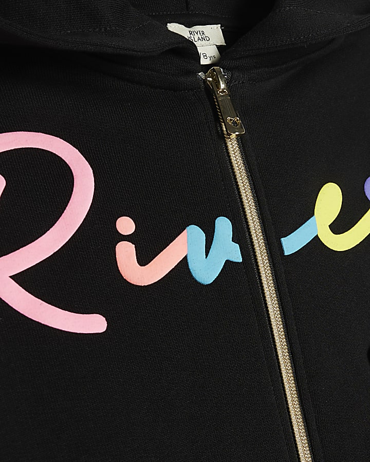 Girls Black Rainbow Script Hoodie Set