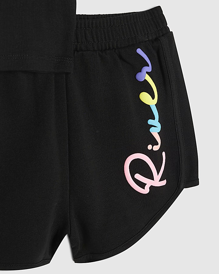 Girls Black Rainbow Script Hoodie Set