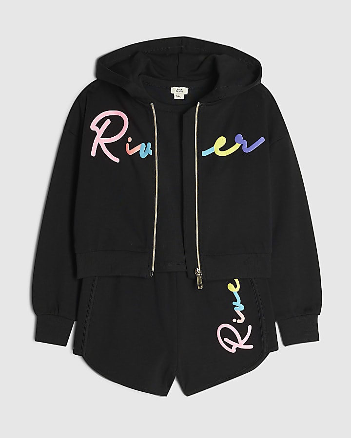 Girls Black Rainbow Script Hoodie Set