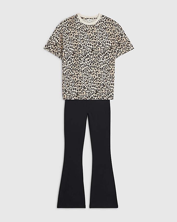 Girls Brown Leopard Print T-Shirt Set