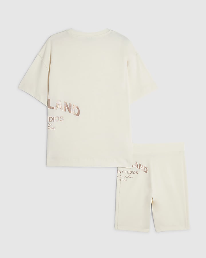 Girls Cream Metallic RI Cycle Shorts Set