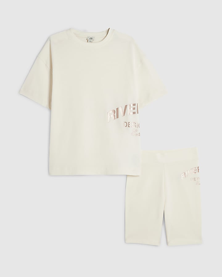 Girls Cream Metallic RI Cycle Shorts Set