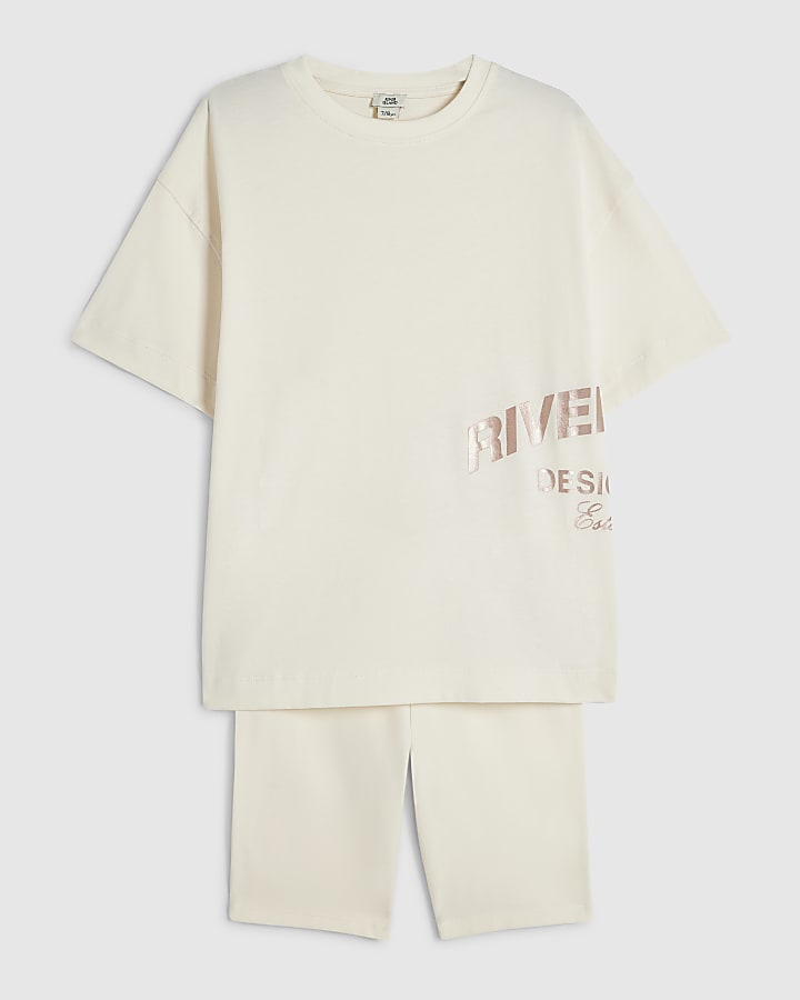 Girls Cream Metallic RI Cycle Shorts Set