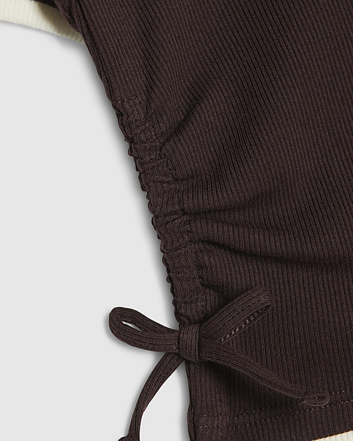 Girls Brown Ruched Ribbed Top And Shorts Set