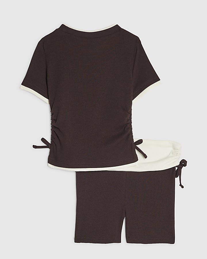 Girls Brown Ruched Ribbed Top And Shorts Set