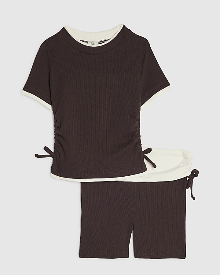 Girls Brown Ruched Ribbed Top And Shorts Set