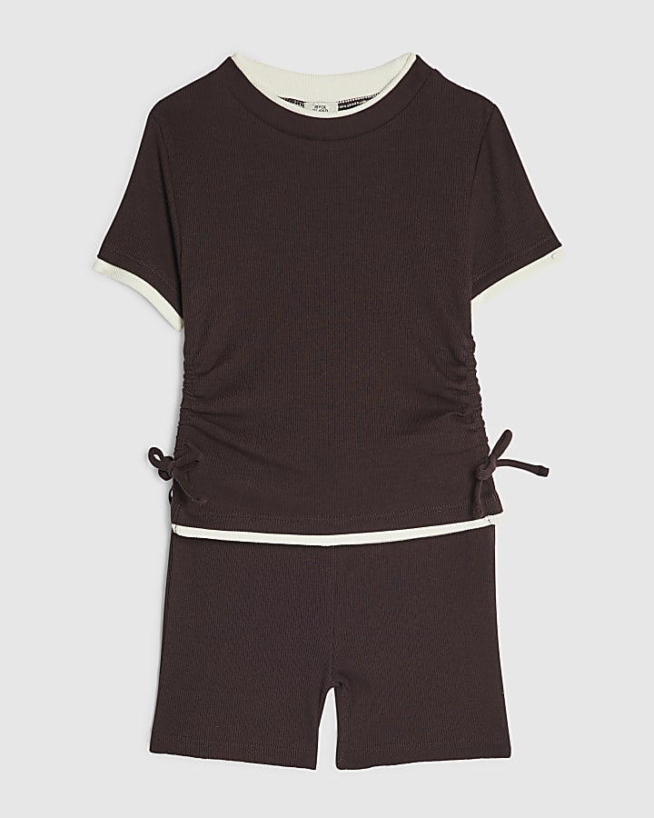 Girls Brown Ruched Ribbed Top And Shorts Set