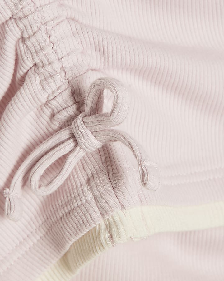 Girls Pink Ruched Ribbed Top And Shorts Set