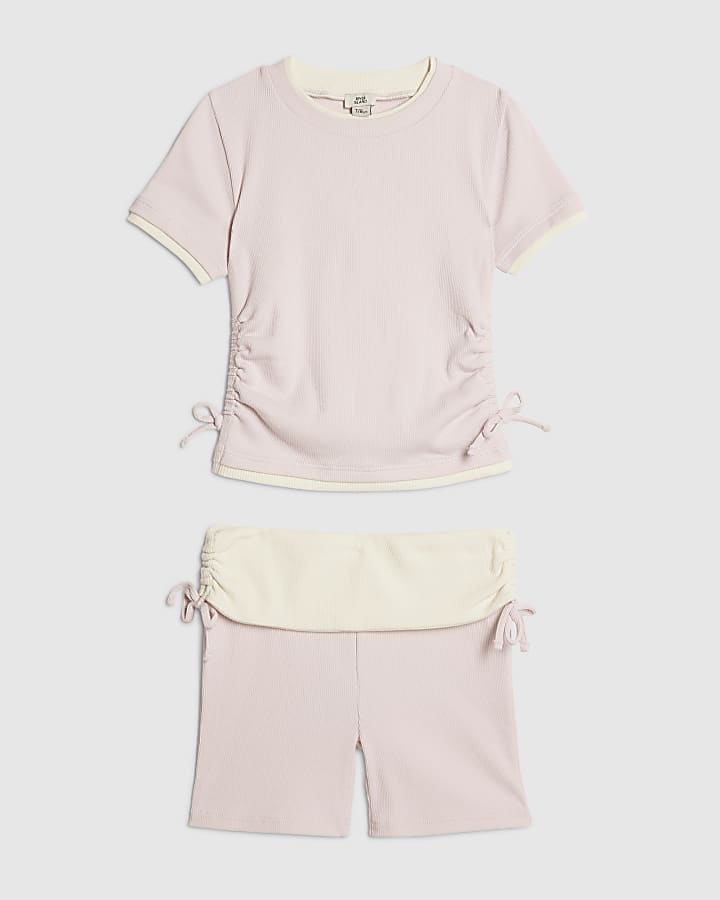 Girls Pink Ruched Ribbed Top And Shorts Set